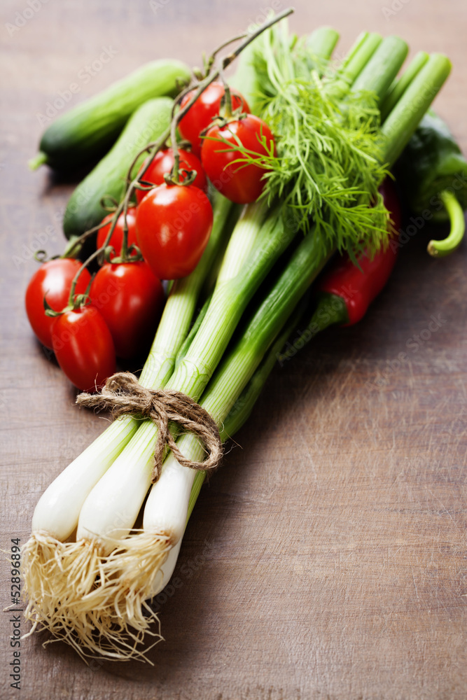 fresh spring onions and vegetables