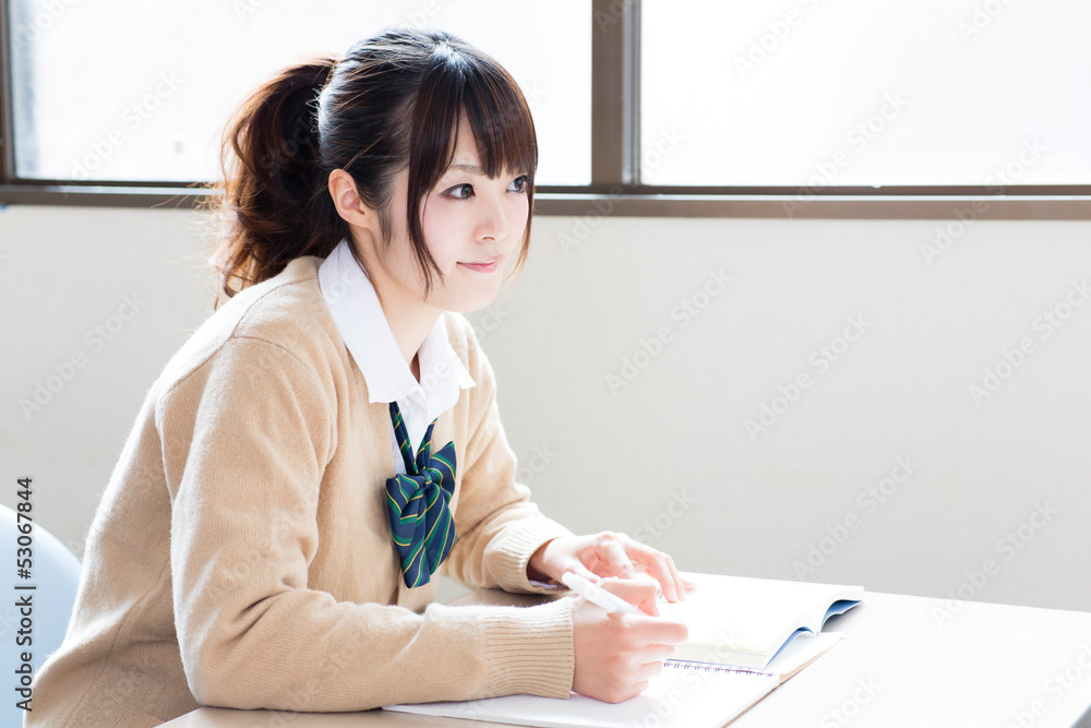 a young asian school girl studying