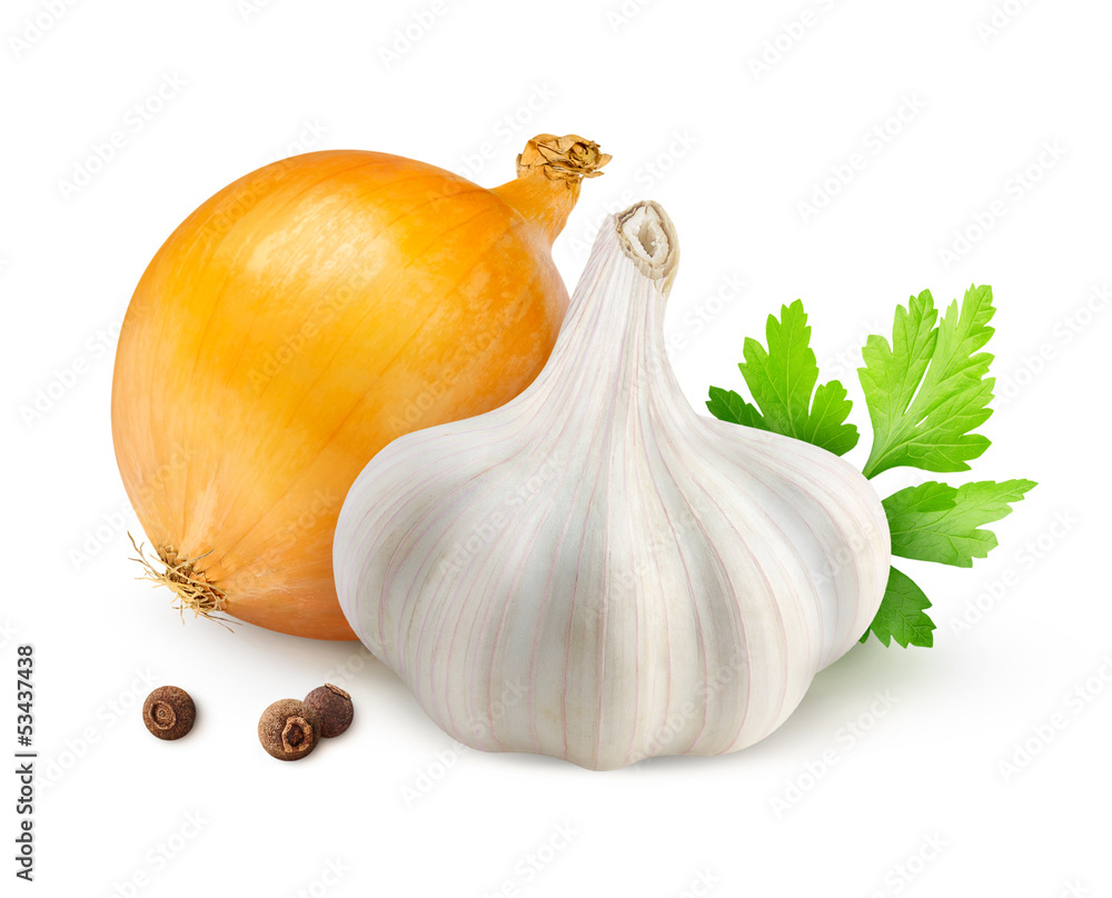 Isolated spices. Onion and head of garlic isolated on white background