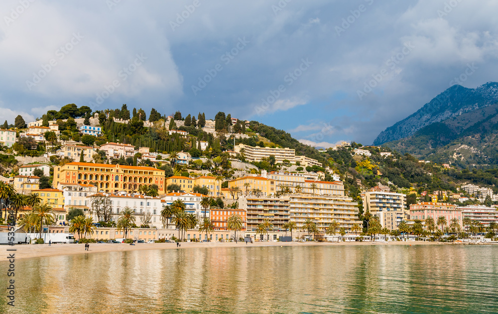 View of Menton city from the Mediterranean Sea - France