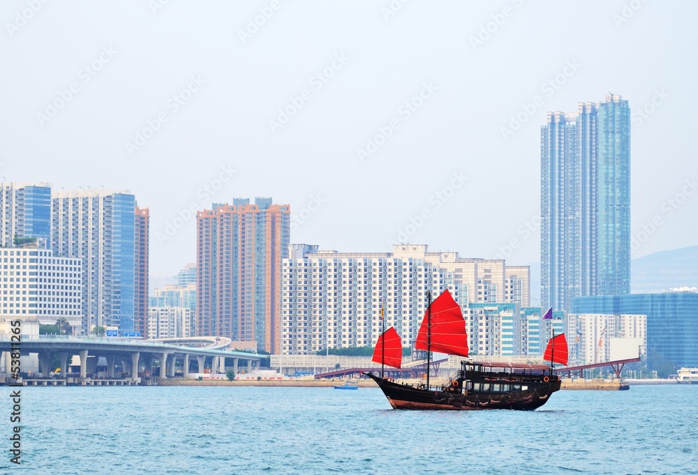 Chinese Junk Ship in Victoria Harbor