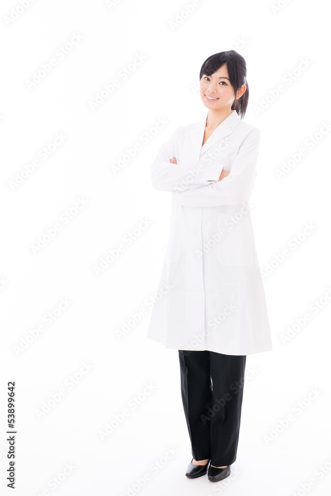 attractive asian doctor on white background