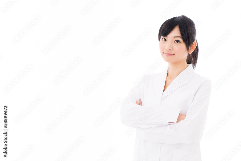 attractive asian doctor on white background