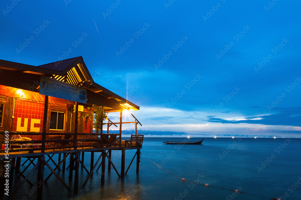 Over water bungalow with bule sky