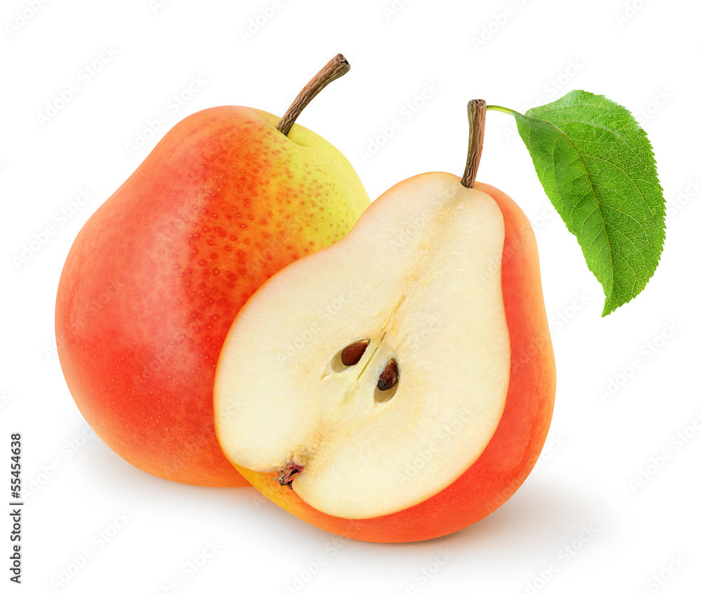 Isolated pears. One and a half yellow and red pear fruits isolated on white background