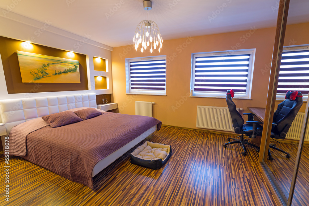 Modern brown and beige master bedroom interior