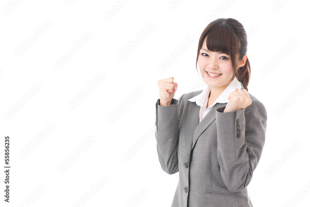 young businesswoman cheering on white background