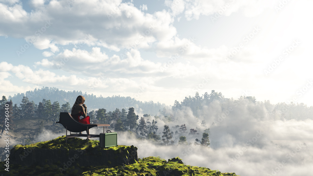 concept vacation background with landscape and sitting woman