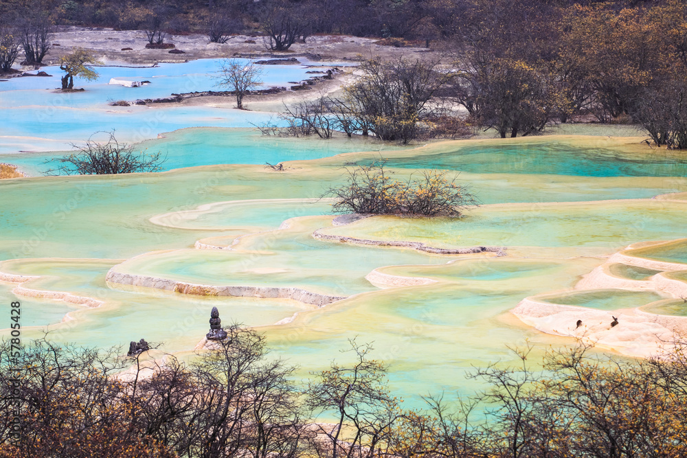 beautiful travertine ponds in huanglong