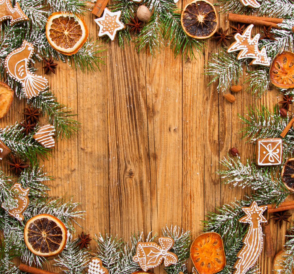 Gingerbread on fir tree braches