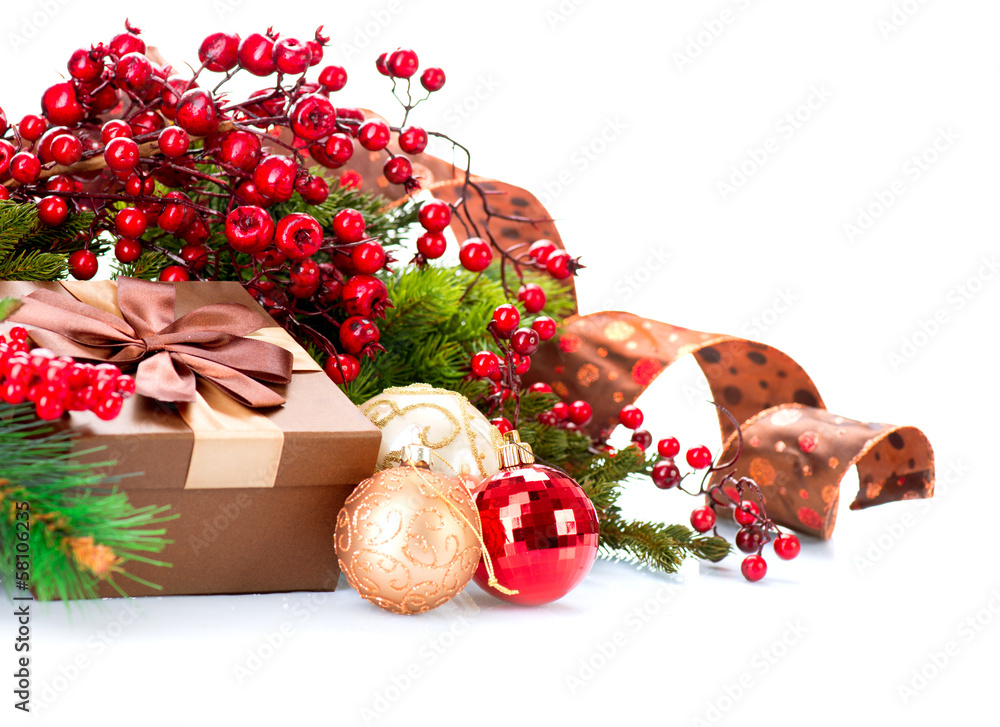 Christmas Decorations and Gift Box Isolated on White