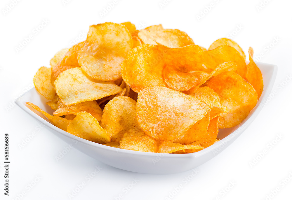 Potato chips bowl isolated on white