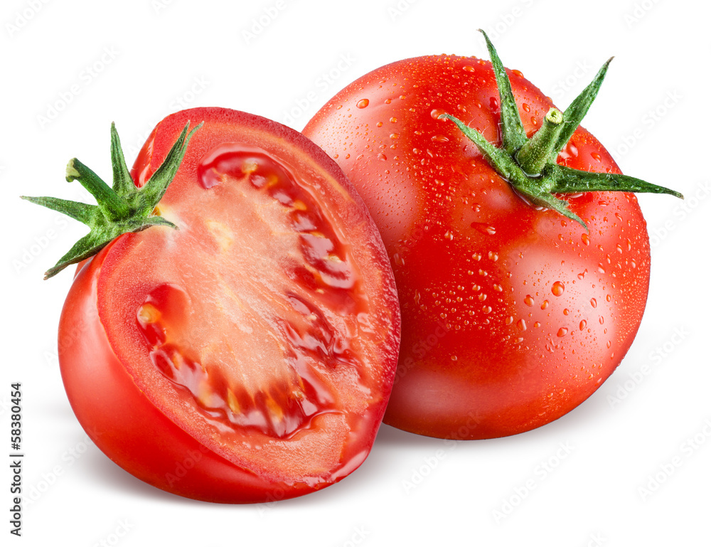 Tomatoes. Whole and a half isolated on white