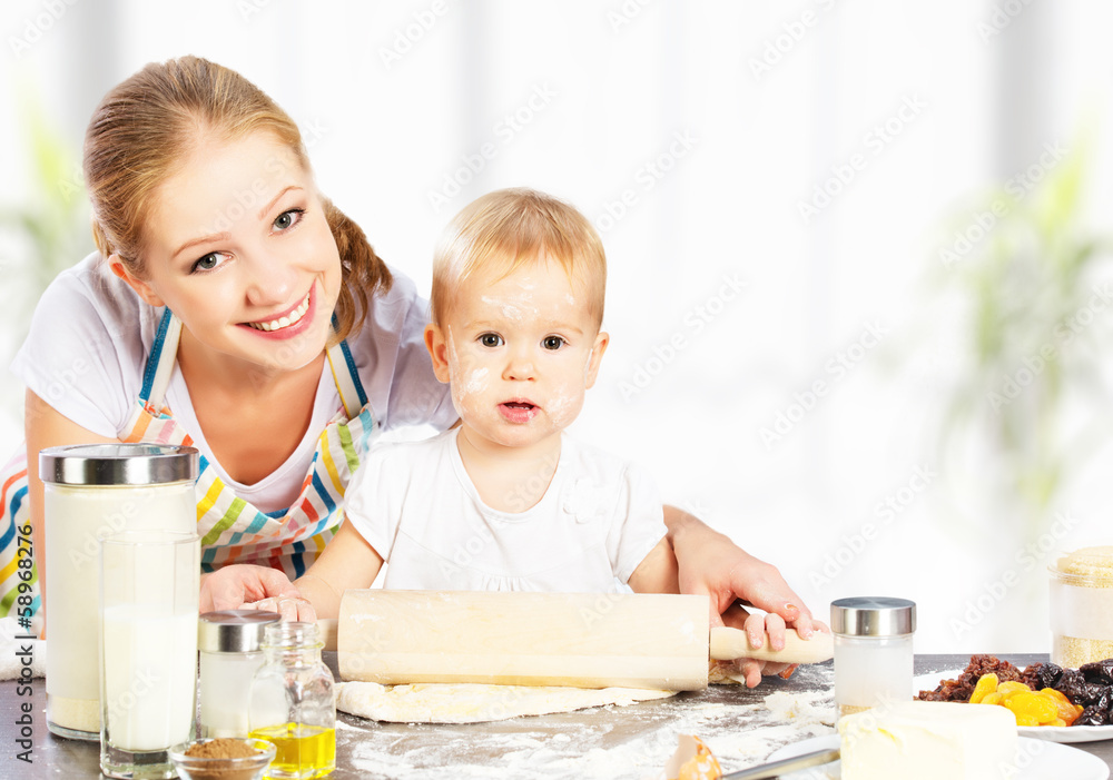 baby girl with her mother cook, bake