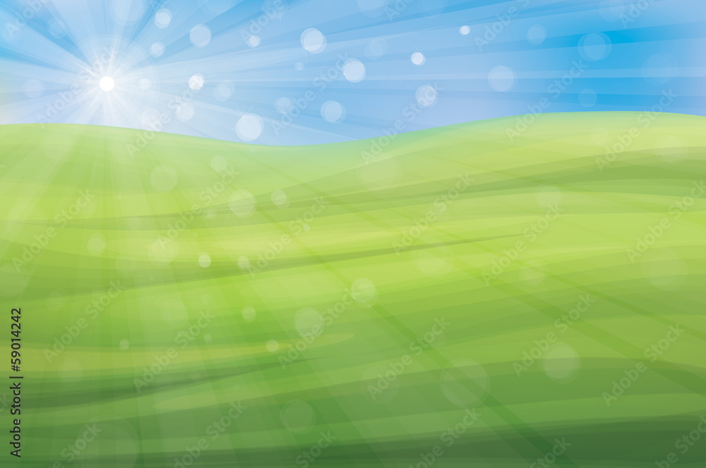 Vector spring background, blue sky and green grass.