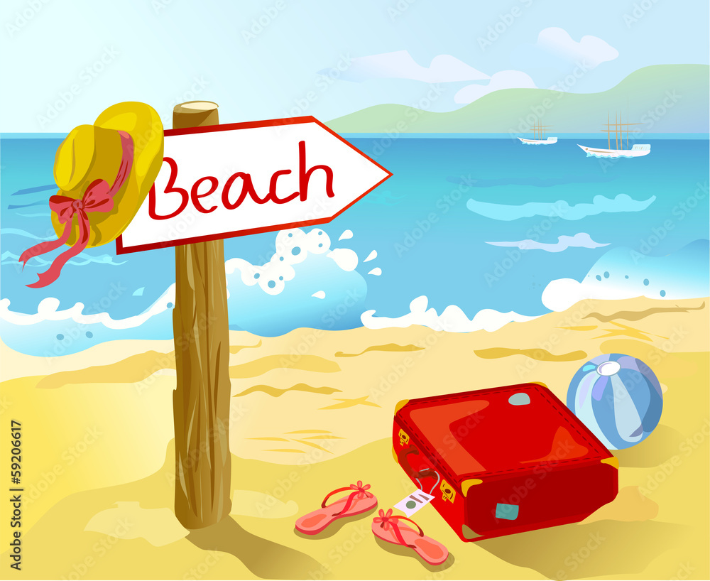 beach with suitcase, accessories, and a pointer