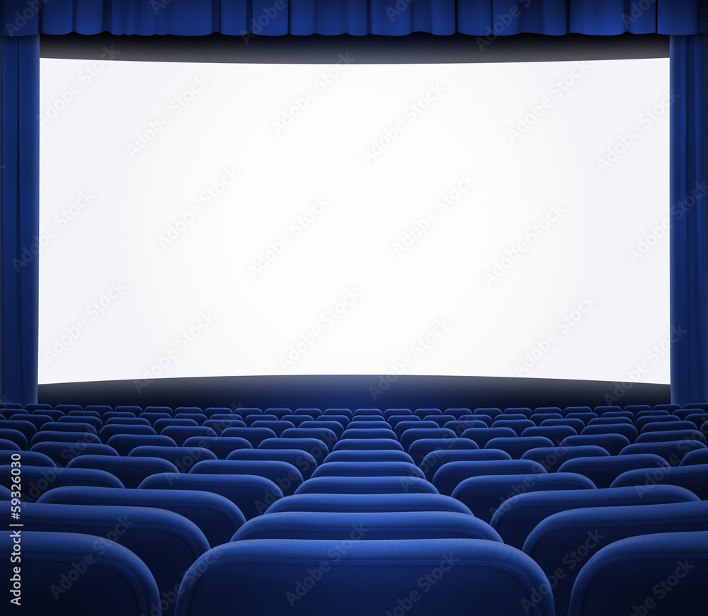 cinema screen with open blue curtain and seats