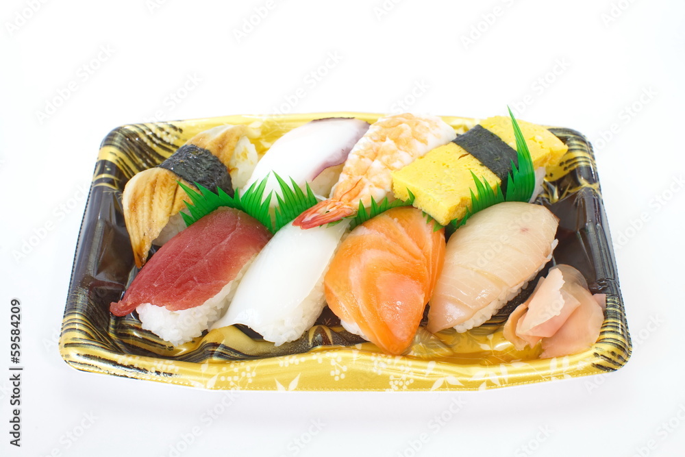 Japanese food, assorted sushi on plastic container