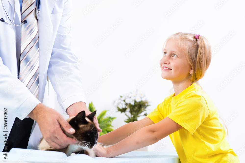 girl brought the cat to the veterinarian