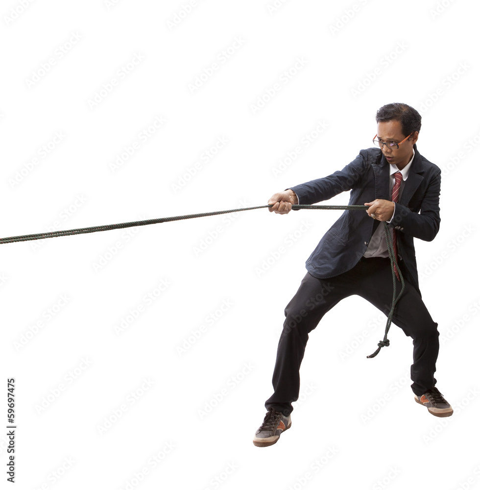 business man pulling nylon rope isolated white background