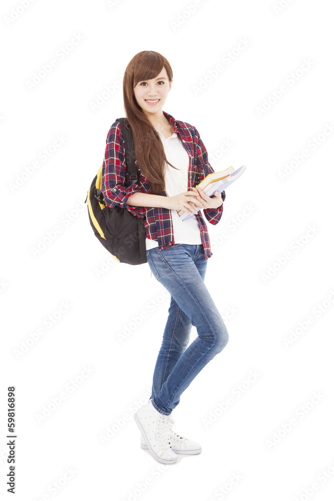 full length smiling college student girl standing