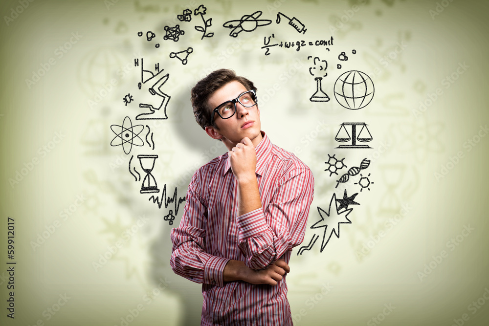 young man scientist with glasses thinking