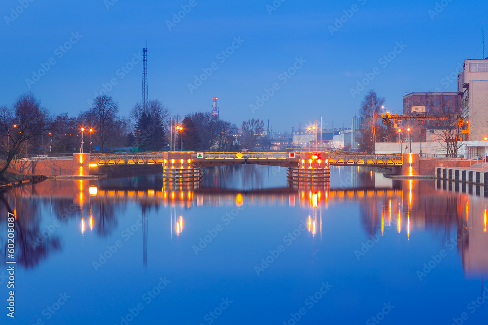 Bridge over Elblag canal at night, Poland