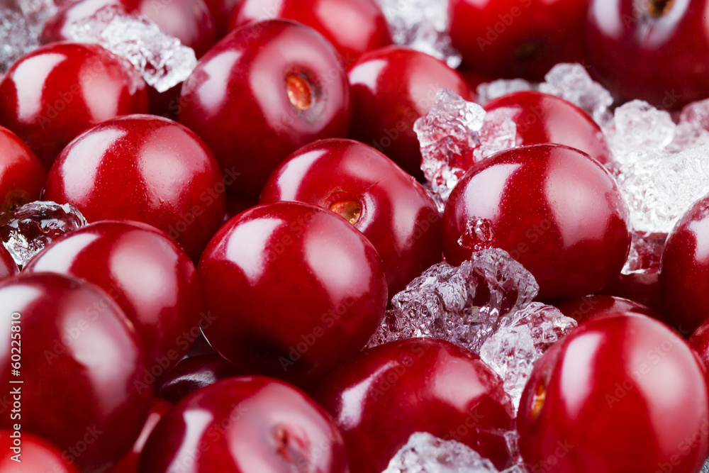 Frozen cherry with ice. Food background