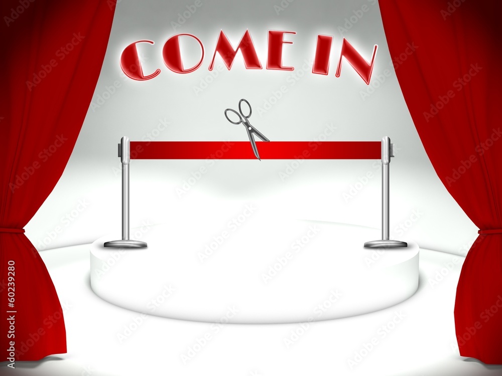 Come in on theater stage red ribbon and scissors