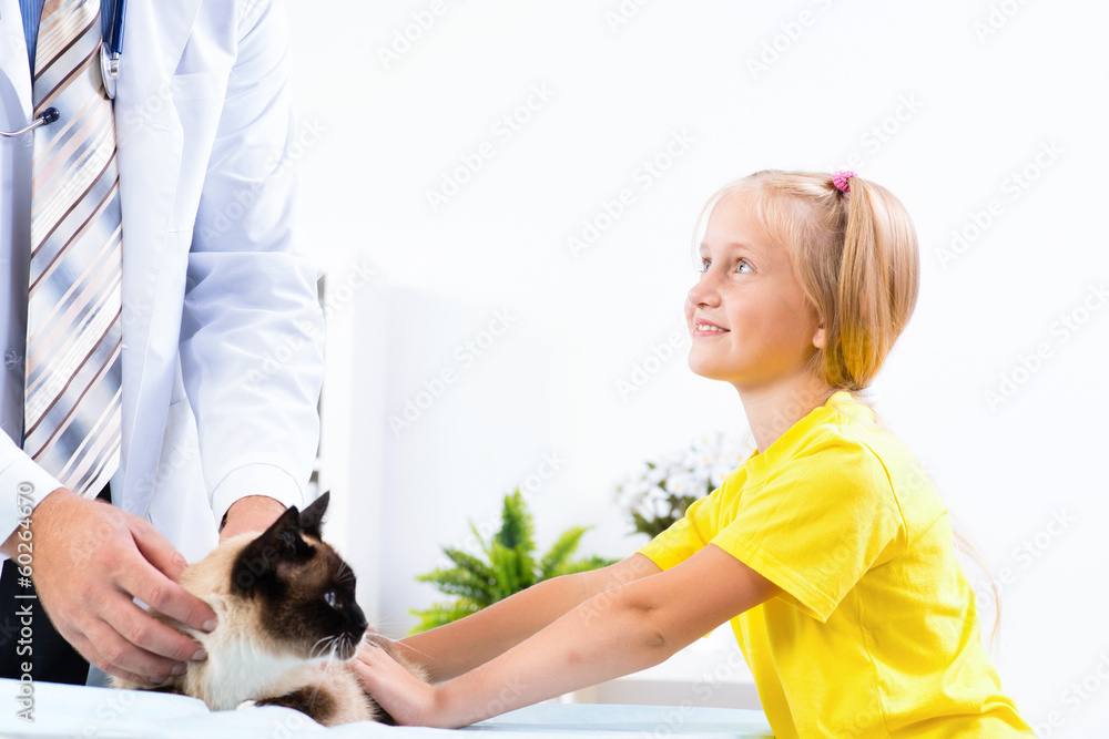 girl brought the cat to the veterinarian