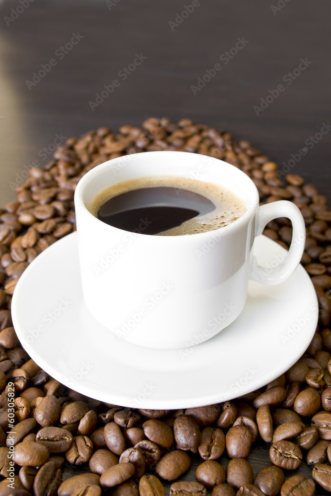 coffee beans, cup, Pots, cinnamon on dark background