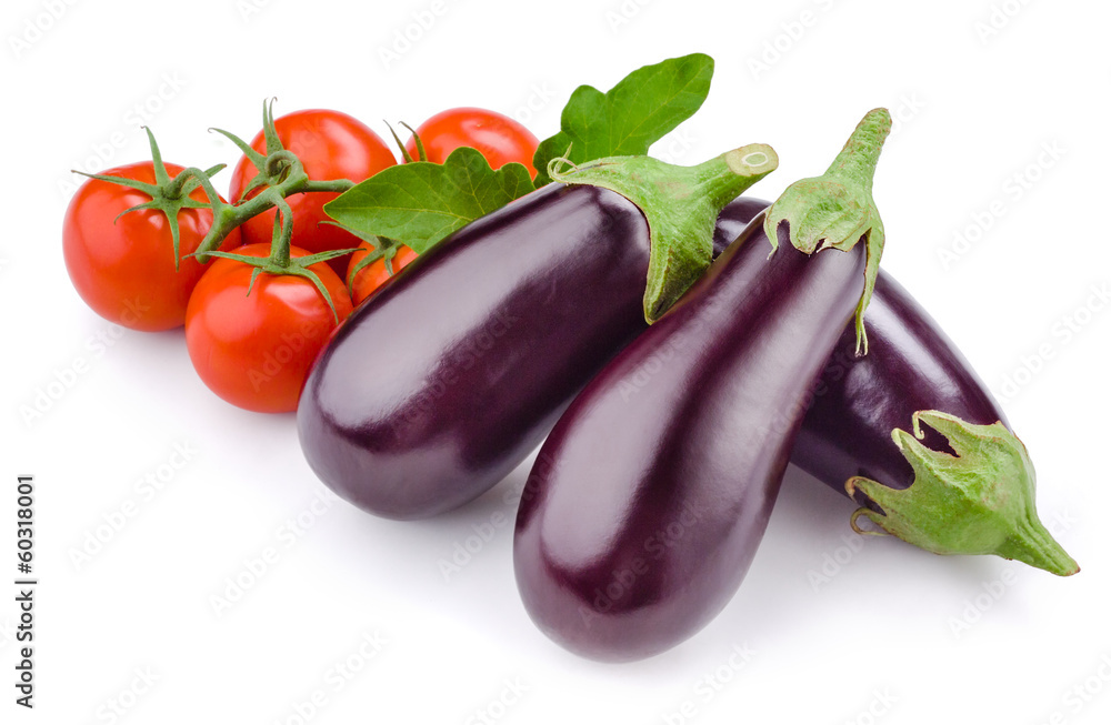 Tomato with eggplant. Vegetables isolated on a white