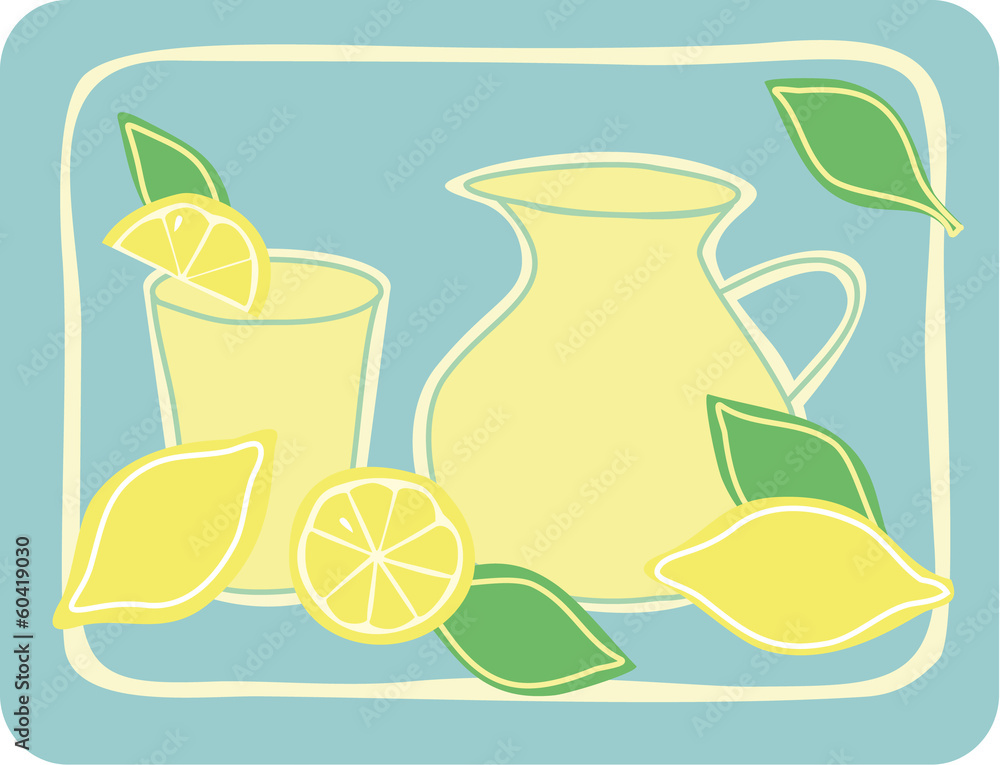 Jug, glass and fresh lemons