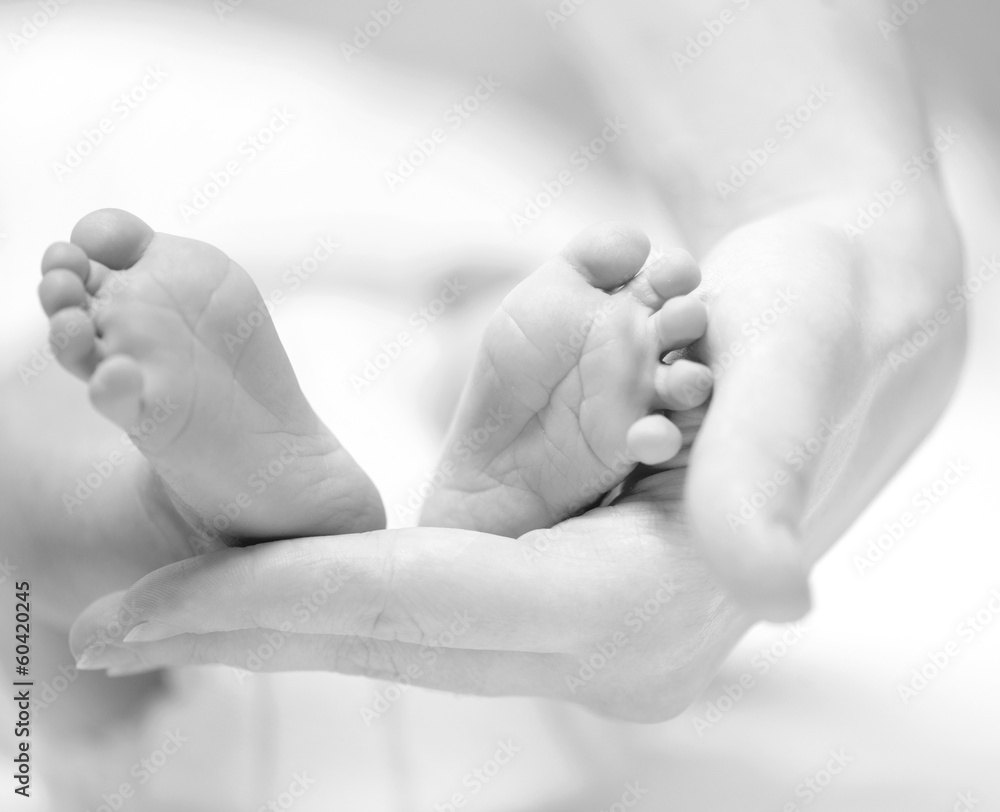 Tiny Newborn Baby feet on female hands closeup