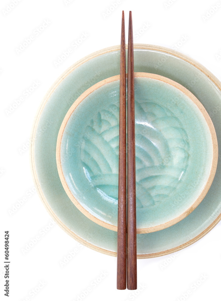 Celadon ceramic dishes , Thai Celadon on white background