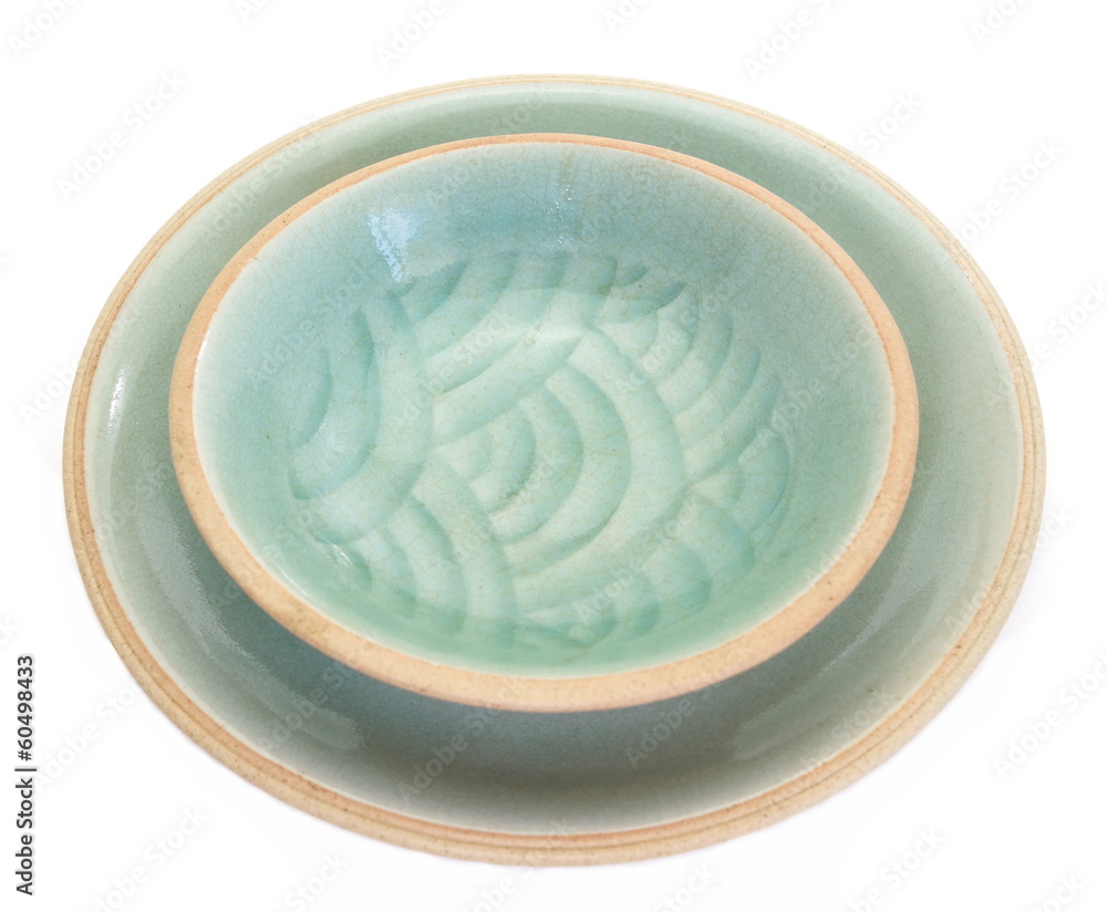 Celadon ceramic dishes , Thai Celadon on white background