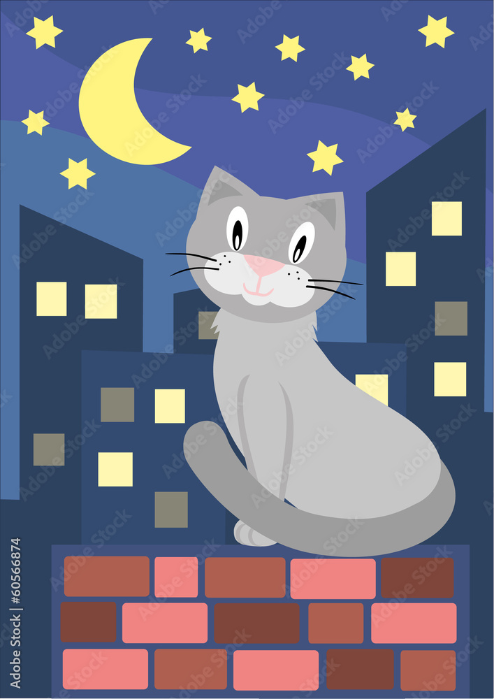 Vector illustration of cat sitting on brick wall