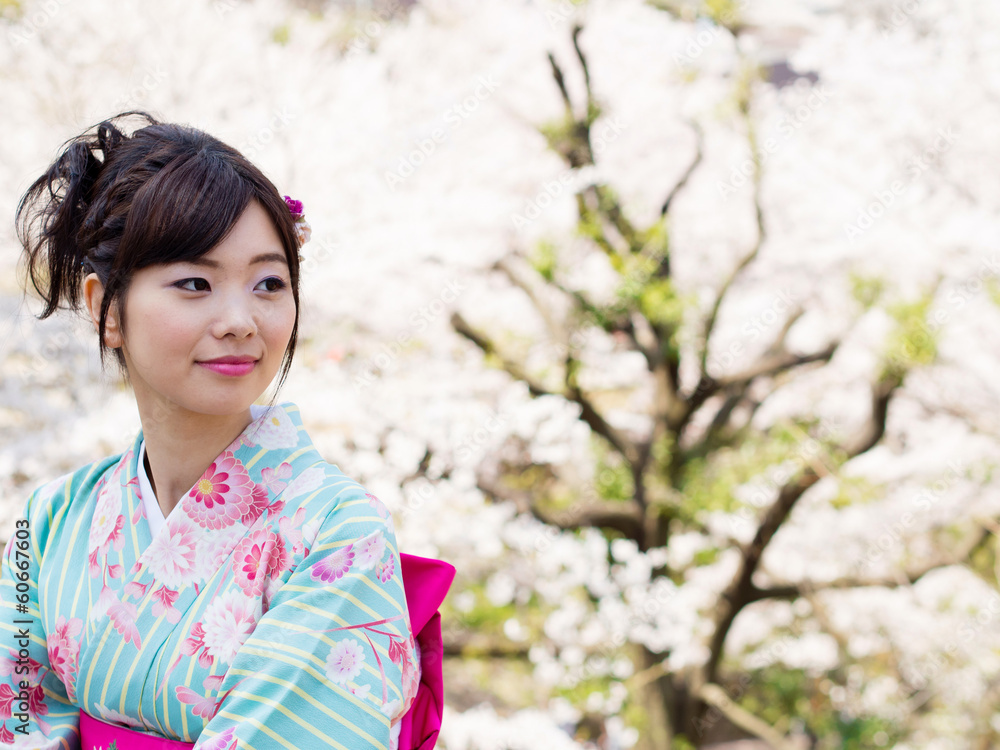 japanese kimono woman and cherry blossoms