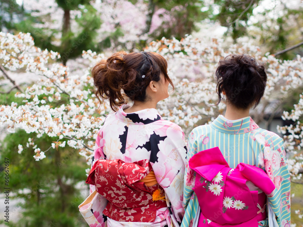 日本和服女人和樱花