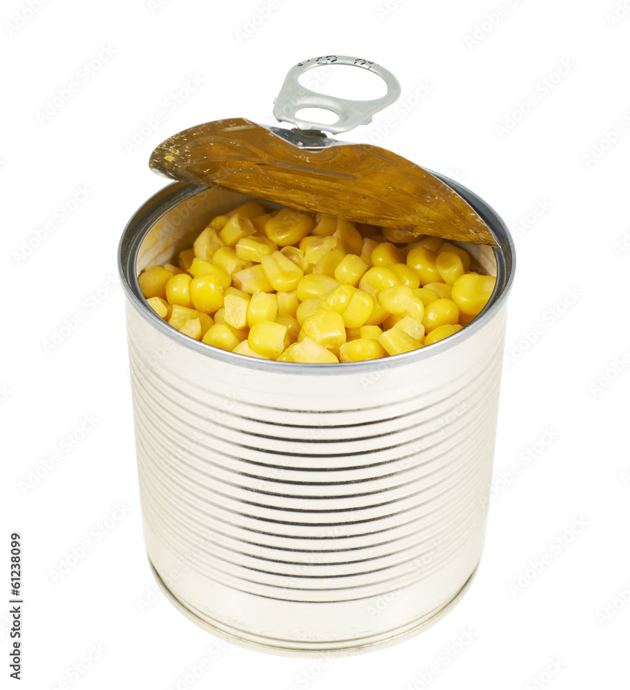 Metal can full of corn kernels isolated