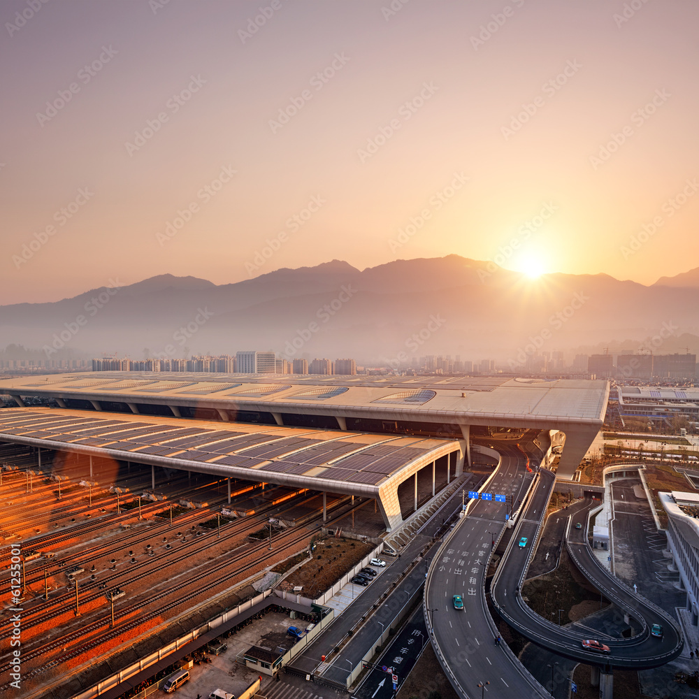 top view of railway station with sunset