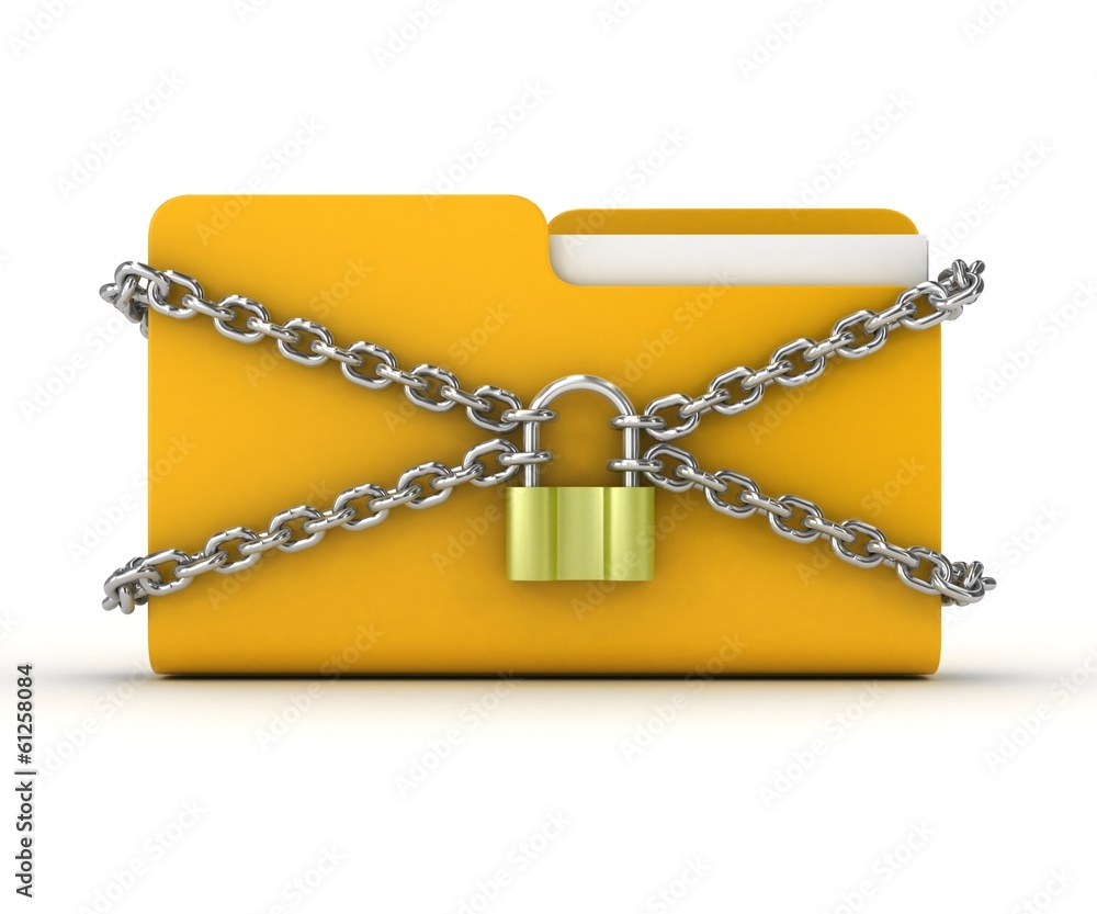 3d illustration of folder locked by chains isolated over white