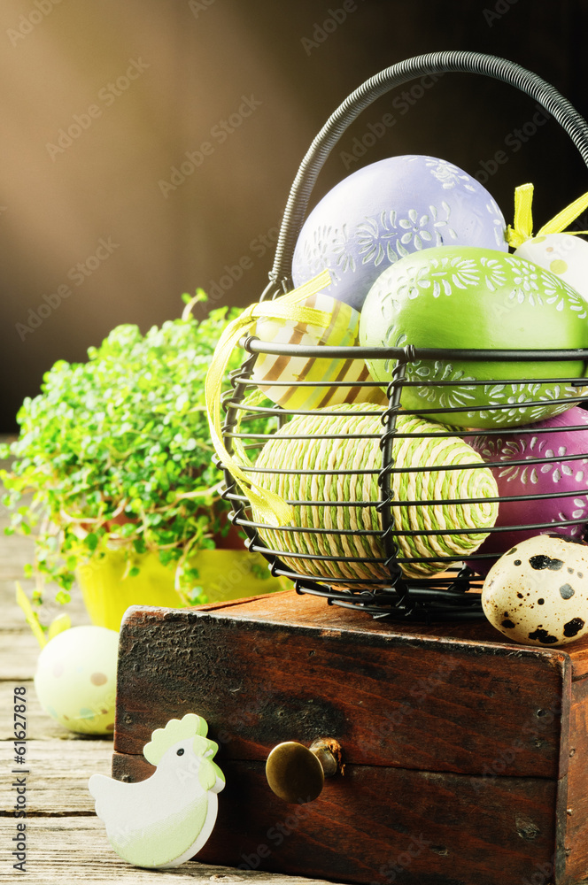 Easter setting with colorful decorative eggs