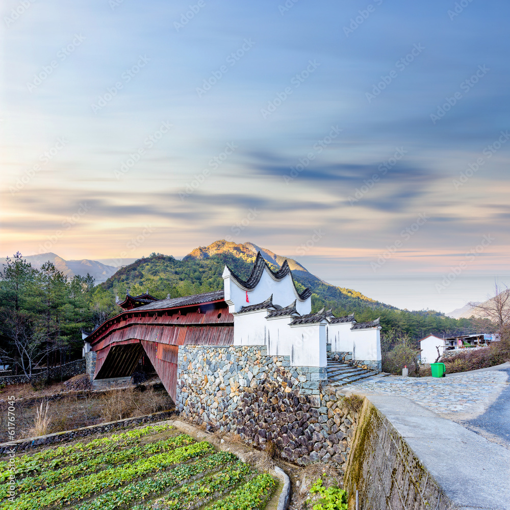 oriental  pavilion bridge of China，village