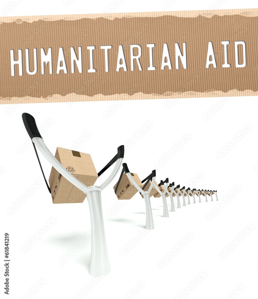 Humanitarian aid concept cardboard box on slingshot