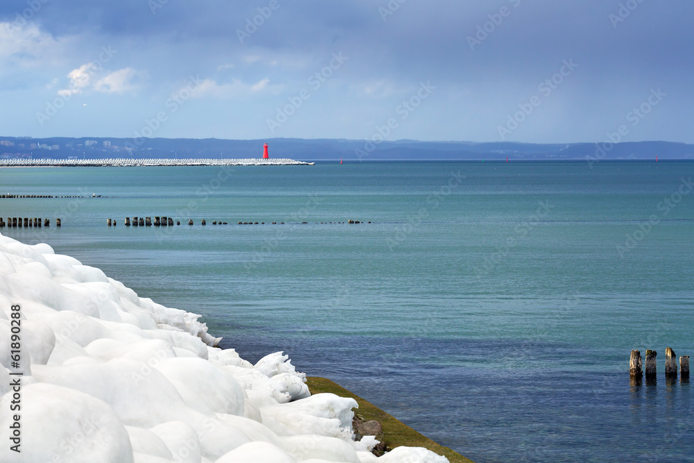 Icy Baltic sea coast at winter time, Poland