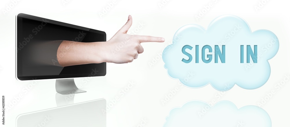 Sign in cloud computing. Finger from screen