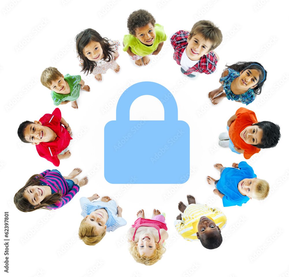 Diverse Group of Children around Security Symbol