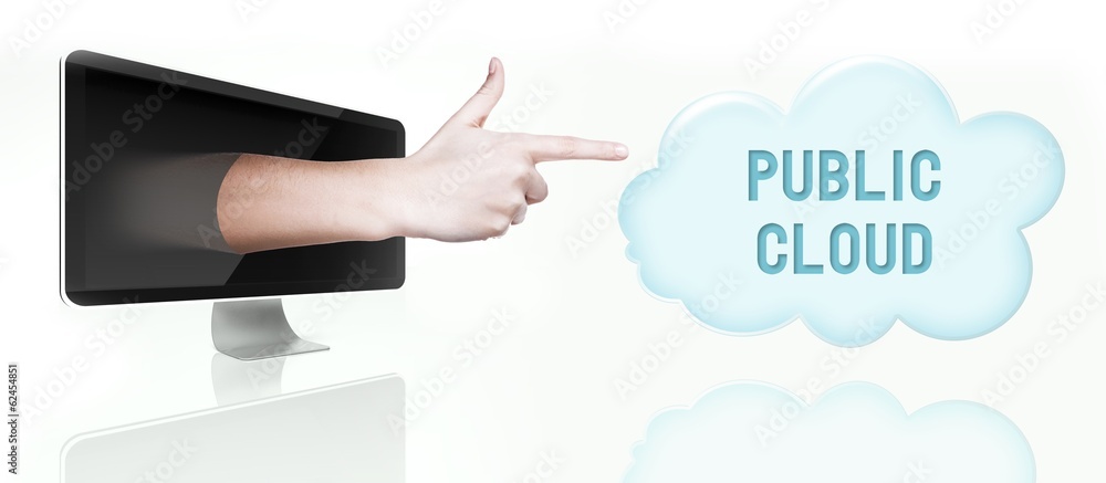 Public cloud computing. Finger from screen