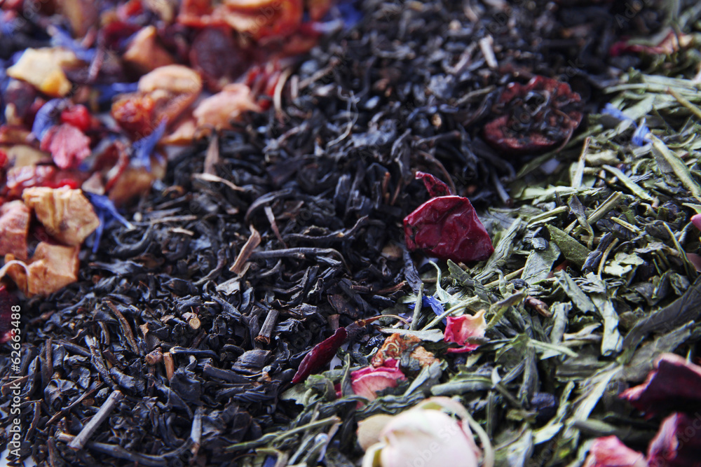 Different kinds of dry tea close up